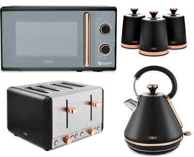 Tower Cavaletto Black & Rose Gold Set1.7L Kettle4-Slice Toaster800W Microwave & 3 Canisters from B&Q