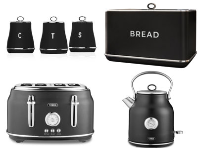 Tower Renaissance 6-Piece Kitchen Set1.7L 3Kw Kettle4-Slice ToasterBread Bin & CanistersBlack. from B&Q