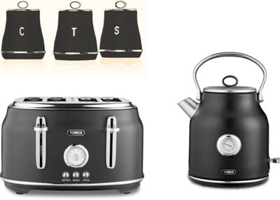 Tower Renaissance Black 5-Piece Kitchen Set1.7L 3Kw Kettle4-Slice ToasterTea Coffee Sugar Canisters from B&Q