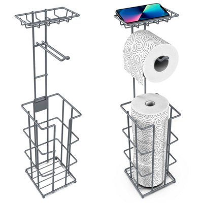 Vinsani Grey Metal Toilet Roll Holder StandFreestandingStorage Shelf from B&Q