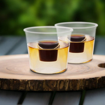 Hot Bargains 100 Pack Dual Chamber Measuring Cups 25Ml/100MlClear Disposable Plastic Portion Cups For LiquidsMixing & Events from B&Q