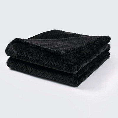 B&Q Premium Soft Waffle Flannel Fleece Throw Blanket Cosy Warm Sofa Bed Travel (Black, Single)