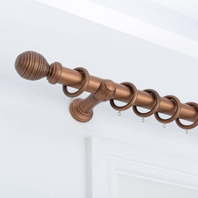 A.unique Home Ribbed Wooden Curtain Pole With Rings And Fittings - 35Mm - 150Cm - Walnut