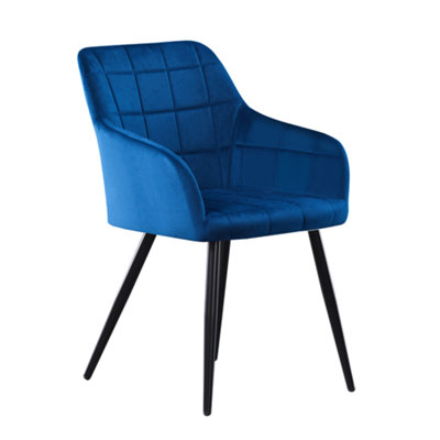 B&Q -  Single Blue Camden Modern Velvet Dining Chair With ArmrestsQuilted Design & Black Metal Legs