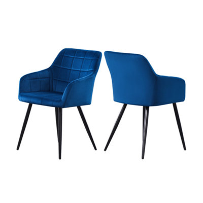 B&Q -  Set Of 2 Blue Camden Modern Velvet Dining Chairs With ArmrestsQuilted Design & Black Metal Legs