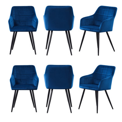B&Q -  Set Of 6 Blue Camden Modern Velvet Dining Chairs With ArmrestsQuilted Design & Black Metal Legs