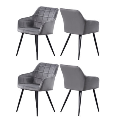 B&Q -  Set Of 4 Dark Grey Camden Modern Velvet Dining Chairs With ArmrestsQuilted Design & Black Metal Legs