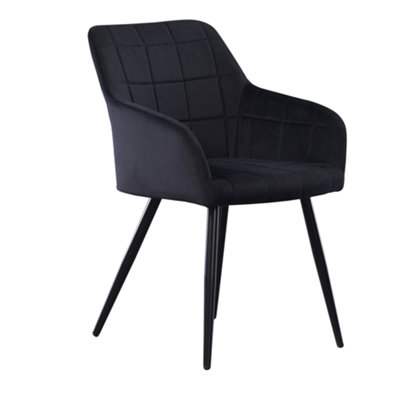 B&Q -  Single Black Camden Modern Velvet Dining Chair With ArmrestsQuilted Design & Black Metal Legs