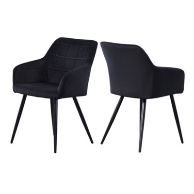 B&Q -  Set Of 2 Black Camden Modern Velvet Dining Chairs With ArmrestsQuilted Design & Black Metal Legs