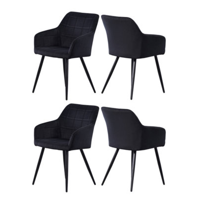 B&Q -  Set Of 4 Black Camden Modern Velvet Dining Chairs With ArmrestsQuilted Design & Black Metal Legs