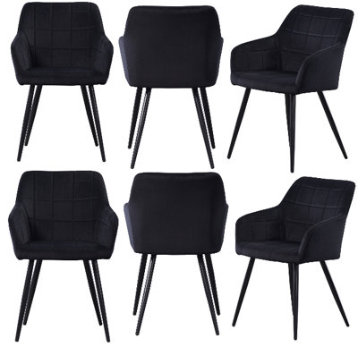 B&Q -  Set Of 6 Black Camden Modern Velvet Dining Chairs With ArmrestsQuilted Design & Black Metal Legs
