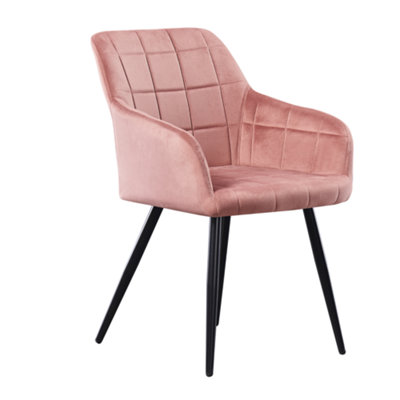B&Q -  Single Pink Camden Modern Velvet Dining Chair With ArmrestsQuilted Design & Black Metal Legs