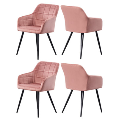 B&Q -  Set Of 4 Pink Camden Modern Velvet Dining Chairs With ArmrestsQuilted Design & Black Metal Legs