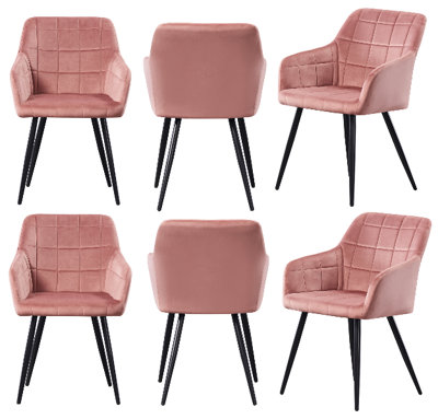 B&Q -  Set Of 6 Pink Camden Modern Velvet Dining Chairs With ArmrestsQuilted Design & Black Metal Legs