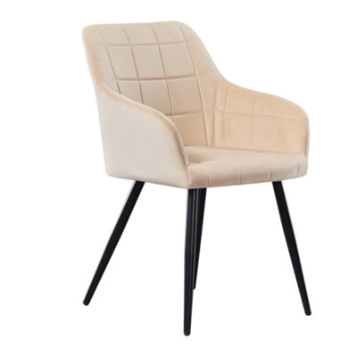 B&Q -  Single Cream Camden Modern Velvet Dining Chair With ArmrestsQuilted Design & Black Metal Legs
