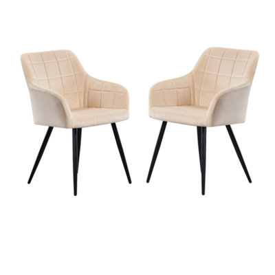 B&Q -  Set Of 2 Cream Camden Modern Velvet Dining Chairs With ArmrestsQuilted Design & Black Metal Legs