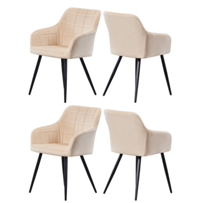 B&Q -  Set Of 4 Cream Camden Modern Velvet Dining Chairs With ArmrestsQuilted Design & Black Metal Legs