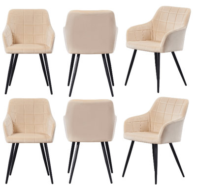 B&Q -  Set Of 6 Cream Camden Modern Velvet Dining Chairs With ArmrestsQuilted Design & Black Metal Legs