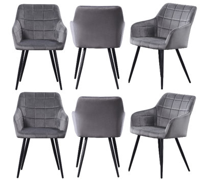 B&Q -  Set Of 6 Dark Grey Camden Modern Velvet Dining Chairs With ArmrestsQuilted Design & Black Metal Legs