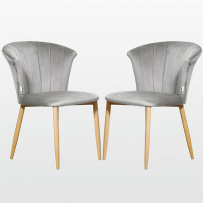 B&Q -  Set Of 2 Grey Elsa Velvet Dining Chairs With Wooden LegsCurved Back & Comfortable Seating
