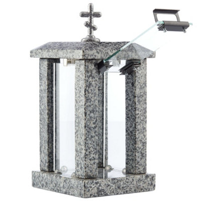 Novecrafto Square Granite Memorial Lantern H 32CmLarge Grey Graveside Outdoor Candle Lantern With Orthodox Cross For Garden Or Cemetery from B&Q