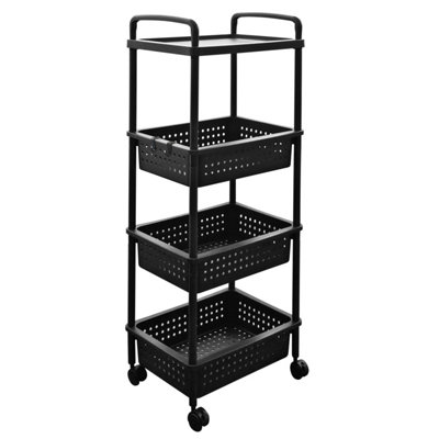 Abbaware 4 Tier Plastic Storage Utility Cart With Top Tray And Large Baskets With Steel Reinforced Lockable WheelsBlack from B&Q