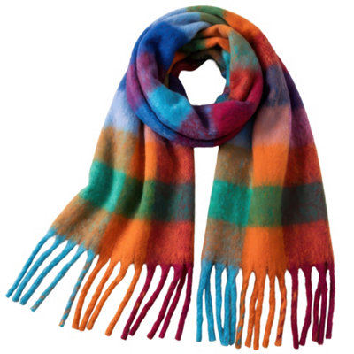 Rainbow Plaid Faux Mohair Scarf For WomenWinter Scarf With FringeSoft Fluffy Womens Scarf WrapLong Warm Shawl Scarf For Cold from B&Q