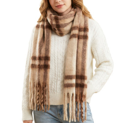 Caramel Plaid Faux Mohair Scarf For WomenWinter Scarf With FringeSoft Fluffy Womens Scarf WrapLong Warm Shawl Scarf For Cold from B&Q