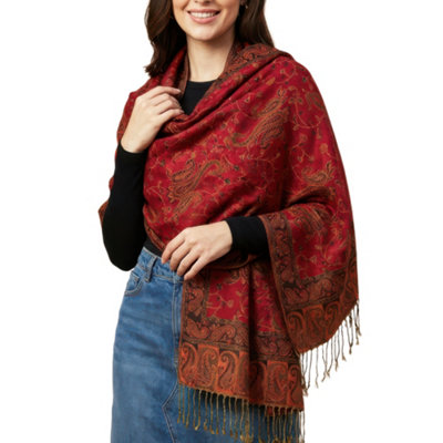 Vintage Burgundy Paisley Pashmina Scarf For WomenOversized Jacquard Shawl Wrap With FringeSoft Warm Cashmere Feel Ladies Scarf from B&Q