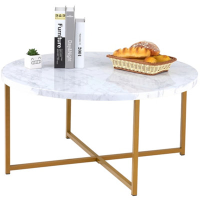  - Marble Look Round Coffee Table WhiteLightweight Centre Table W/golden Metal Legs80Cm DiameterModern Industrial Style