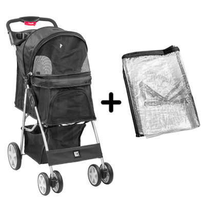 B&Q -  Black Pet Stroller Dog Cat Carrier With Waterproof Rain Cover Puppy Travel