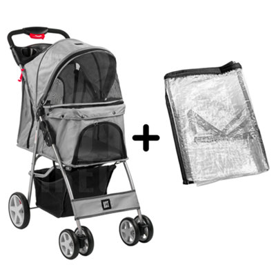 B&Q -  Grey Pet Stroller Dog Cat Carrier With Waterproof Rain Cover Puppy Travel