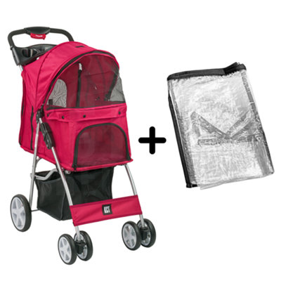 B&Q -  Red Pet Stroller Dog Cat Carrier With Waterproof Rain Cover Puppy Travel