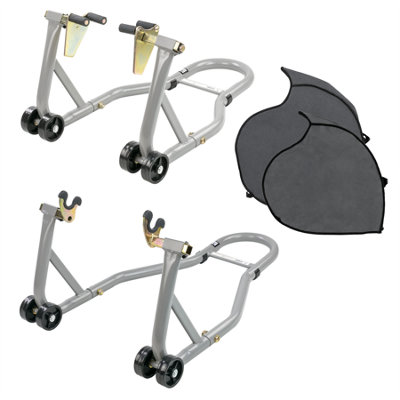 Kct Motorcycle Paddock Stand Set: Rear & Front Spool Cradle With Tyre Warmer Covers 21.6Cm