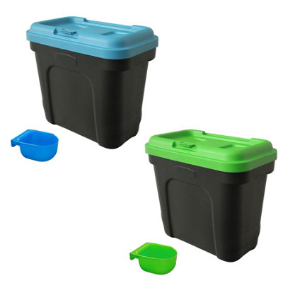 Kct 2 Pack Dry Pet Food Feed Storage Container With Integrated Scoop - 15 Litre / 7Kg- & Green/Blue