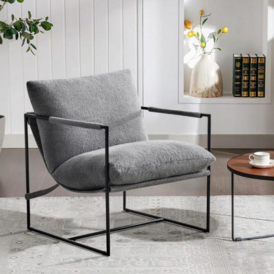 B&Q -  Boucle Fabric Lounge Chair With Metal Frame Upholstered Accent Chair Luca Grey