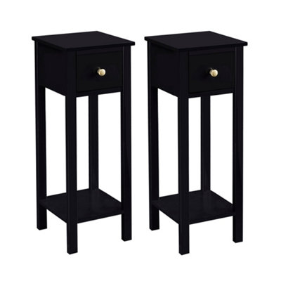 B&Q -  Set Of 2 Solid Wooden Bedside Table With Open Shelf And Drawer Black Amelia By Mcc
