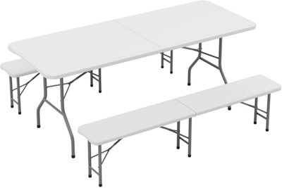 Mcc Direct White Folding Table And Benches Heavy Duty Indoor And Outdoor Use Garden Camping Event Table 6Ft