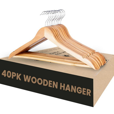 Wooden Coat Hangers With Non-Slip Bar 360 Swivel Hook & Notches Pack Of 40 from B&Q