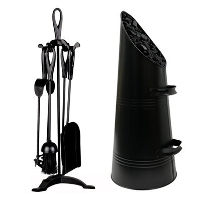 Black Coal Scuttle Hod With 5-Piece Cast Iron Loop Design Fireplace Companion Tool Set from B&Q