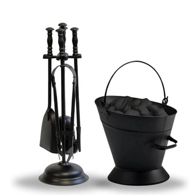 Black Waterloo Coal & Log Hod Bucket With 5-Piece Cast Iron Loop Design Fireplace Companion Tool Set from B&Q