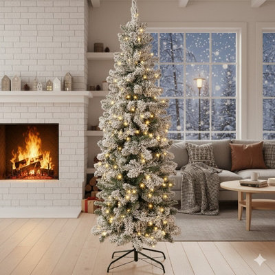 Snow Tipped Pencil Slim Artificial Christmas TreePre Lit Xmas Tree With 570 Tips240 Leds And Solid Metal Stand (6Ft Green) from B&Q