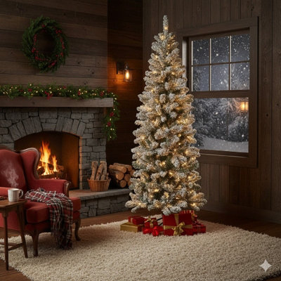6Ft Green Snow Tipped Pencil Slim Artificial Christmas TreePre Lit Realistic Xmas Tree With 570 Tips240 Leds & Metal Stand from B&Q