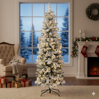 6Ft Green Pencil Slim Snow Tipped Christmas Tree With 570 Tips And 240 LedsArtificial Xmas Tree With Solid Metal Stand from B&Q
