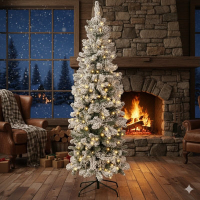 Green 6Ft Pencil Slim Snow Tipped Artificial Christmas Tree With 570 Tips And 240 LedsBushy Xmas Tree With Solid Metal Stand from B&Q