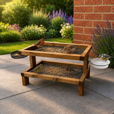 Ruddings Wood Large Two Tier Wooden Bird Feeder Table With  Mesh Tray & Water Bowl Ground Feeding Station from B&Q