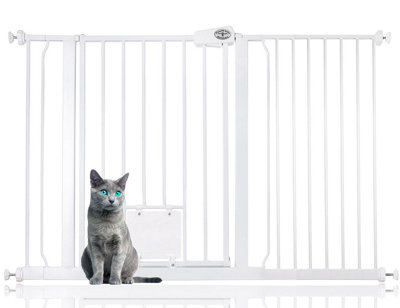 B&Q -  Pet Gate With Lockable Cat Flap126.7Cm134.3CmWhite75Cm In HeightDog Safety Barrier With Cat Flap