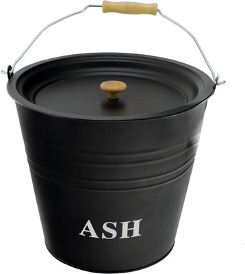 B&Q -  12L Steel Ash Bucket With Lid Wooden Handle Fireside Bucket Fireplace Bucket