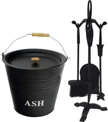 Almineez 5 Piece Fireside Companion Tool Set Cast Iron Fireplace Wood Burner Coal Stove Accessories Set With 12L Ash BucketLidBroomSh from B&Q