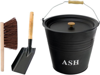 Almineez 12L Steel Ash Bucket With Lid Wooden HandleShovel And Brush Fireside Fireplace from B&Q